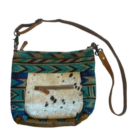 Myra Bag Western Crossbody Mixed Media Leather Calf Hair Aztec Cowgirl Boho - Picture 1 of 13